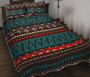 Teal And Brown Aztec Pattern Print Quilt Bed Set