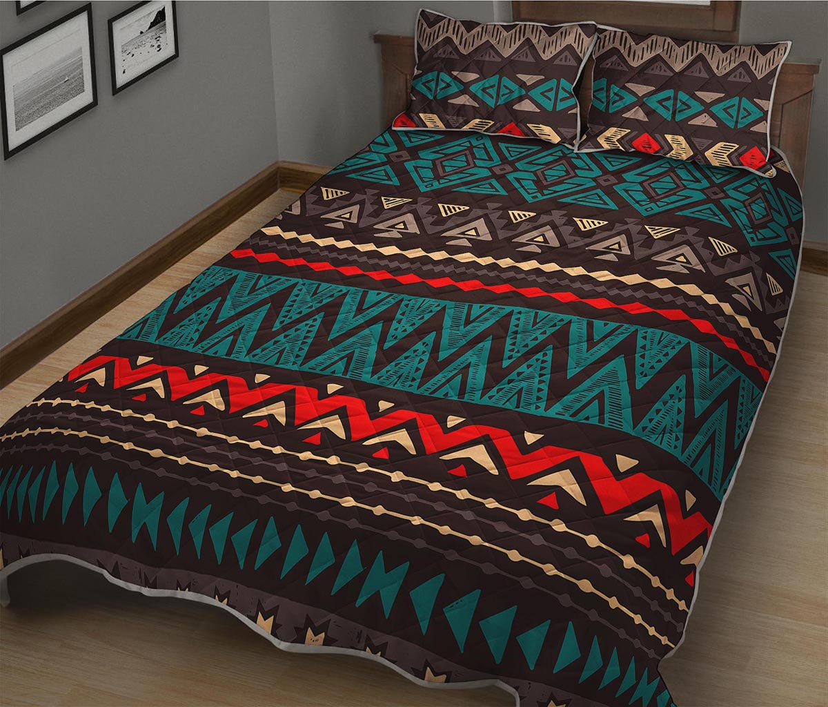 Teal And Brown Aztec Pattern Print Quilt Bed Set