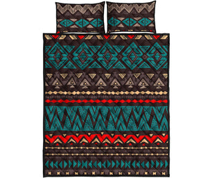 Teal And Brown Aztec Pattern Print Quilt Bed Set