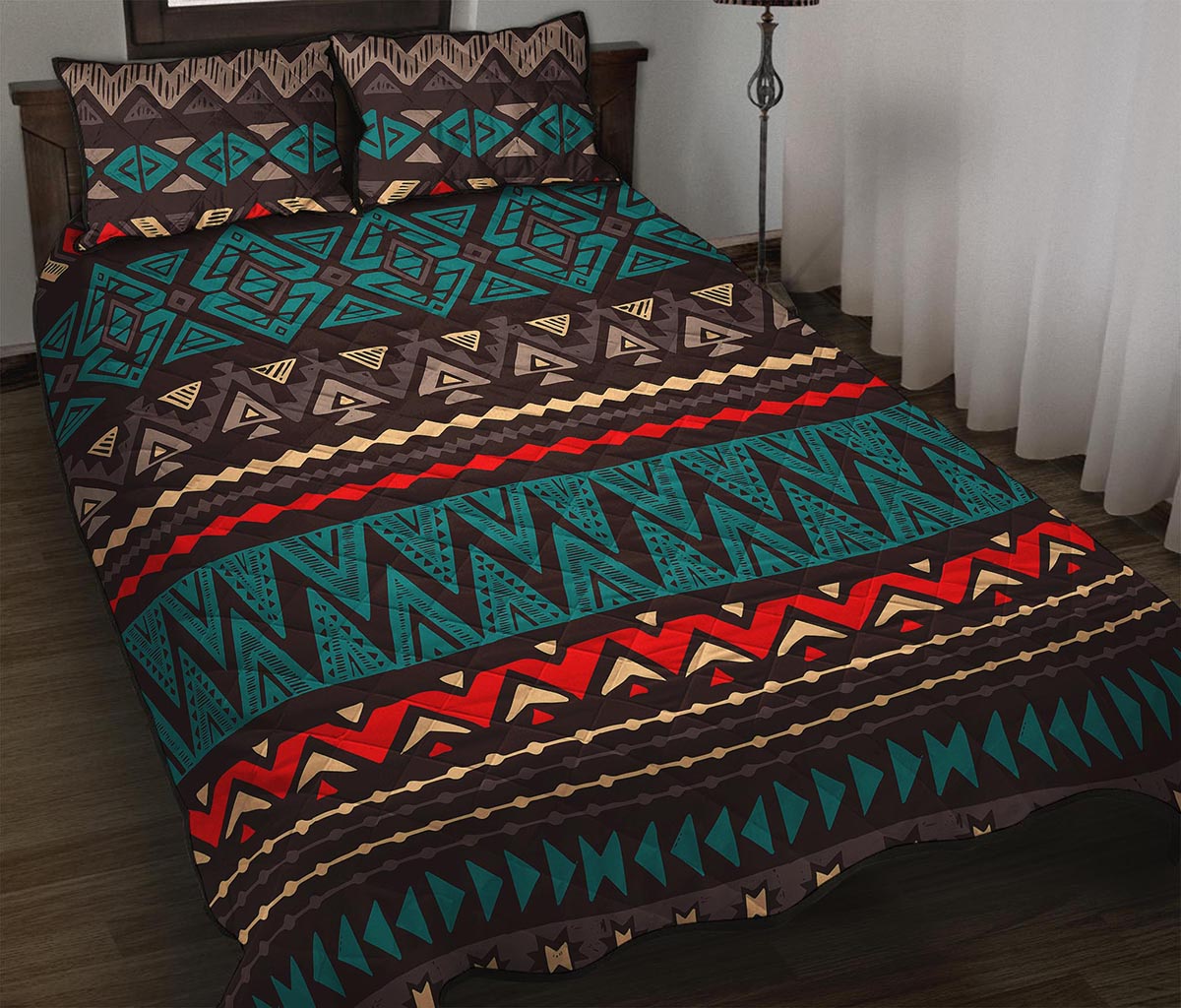 Teal And Brown Aztec Pattern Print Quilt Bed Set