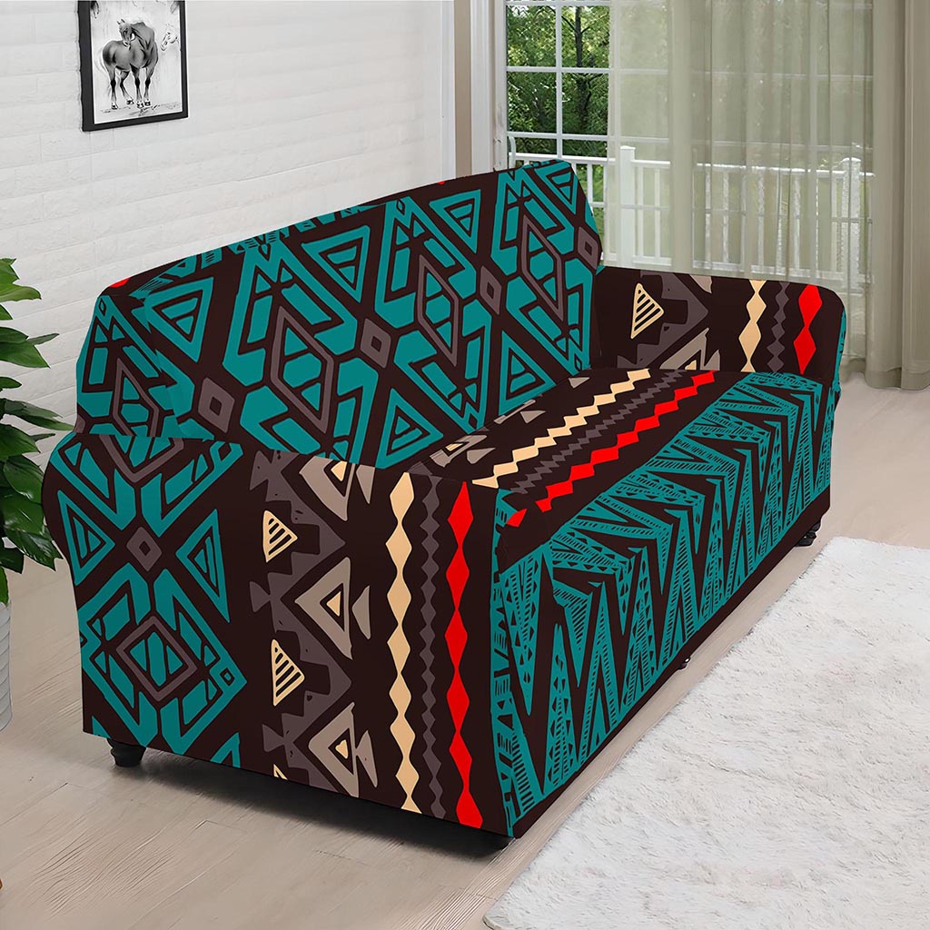 Teal And Brown Aztec Pattern Print Sofa Cover