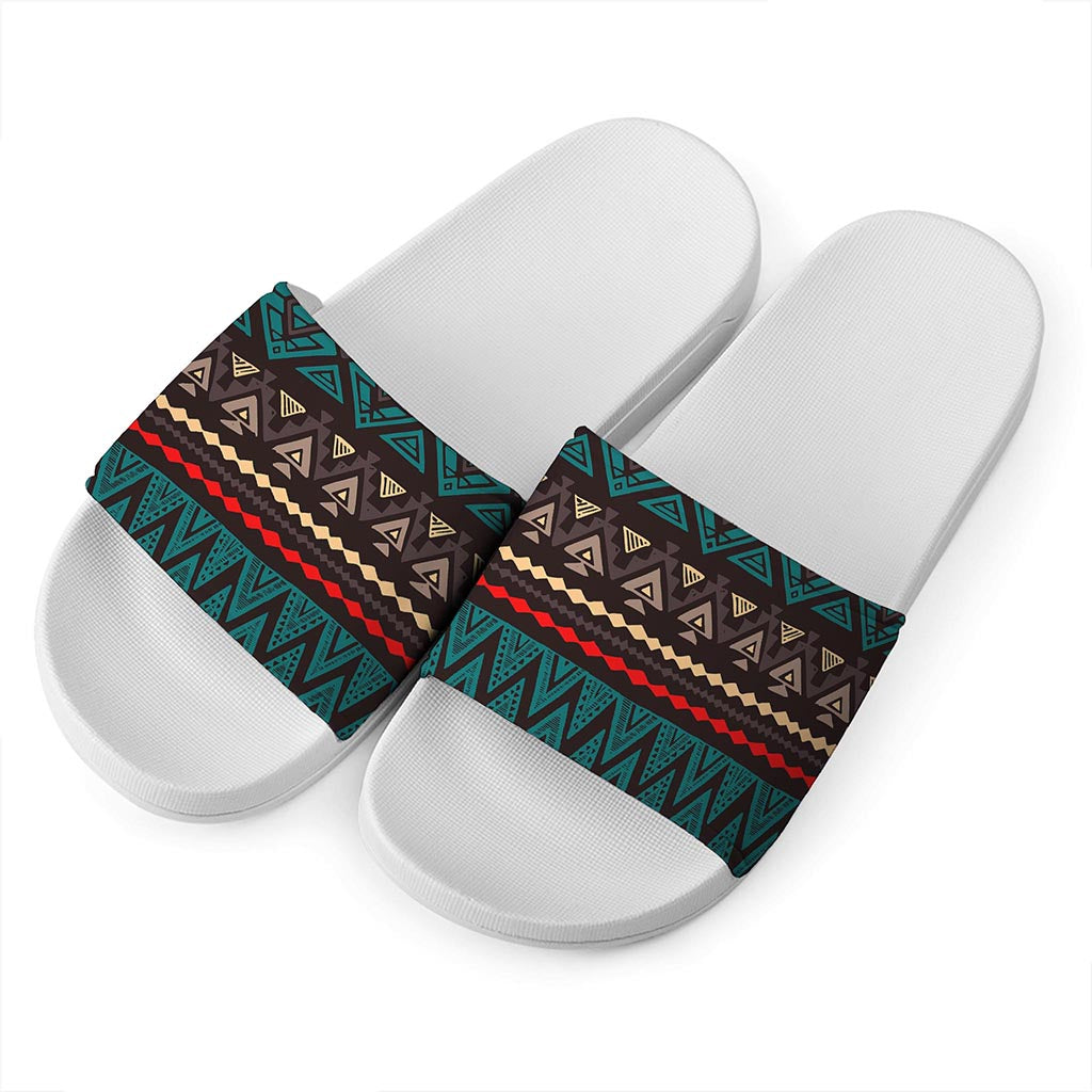 Teal And Brown Aztec Pattern Print White Slide Sandals