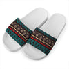 Teal And Brown Aztec Pattern Print White Slide Sandals