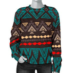 Teal And Brown Aztec Pattern Print Women's Crewneck Sweatshirt GearFrost