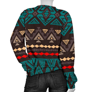 Teal And Brown Aztec Pattern Print Women's Crewneck Sweatshirt GearFrost