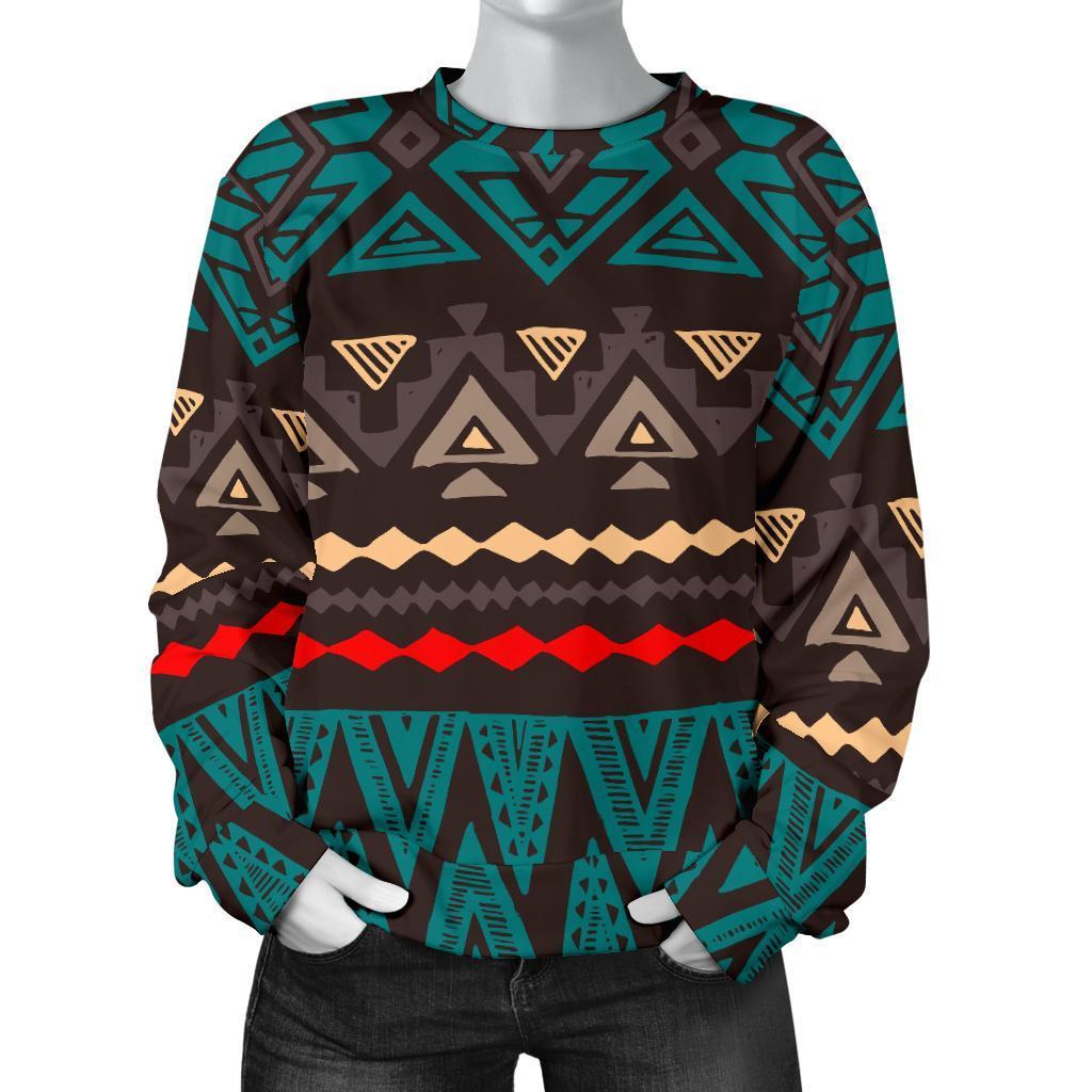 Teal And Brown Aztec Pattern Print Women's Crewneck Sweatshirt GearFrost