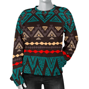 Teal And Brown Aztec Pattern Print Women's Crewneck Sweatshirt GearFrost