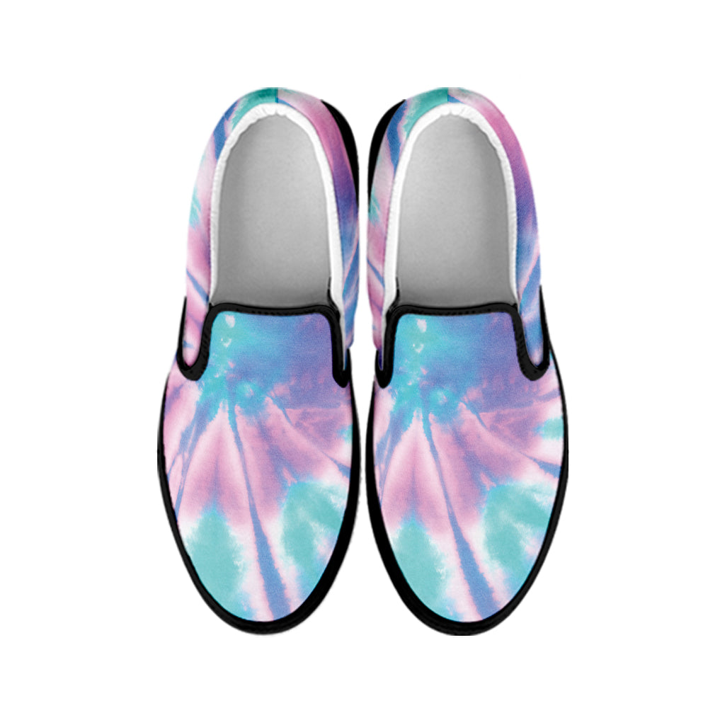 Teal And Pink Tie Dye Print Black Slip On Shoes