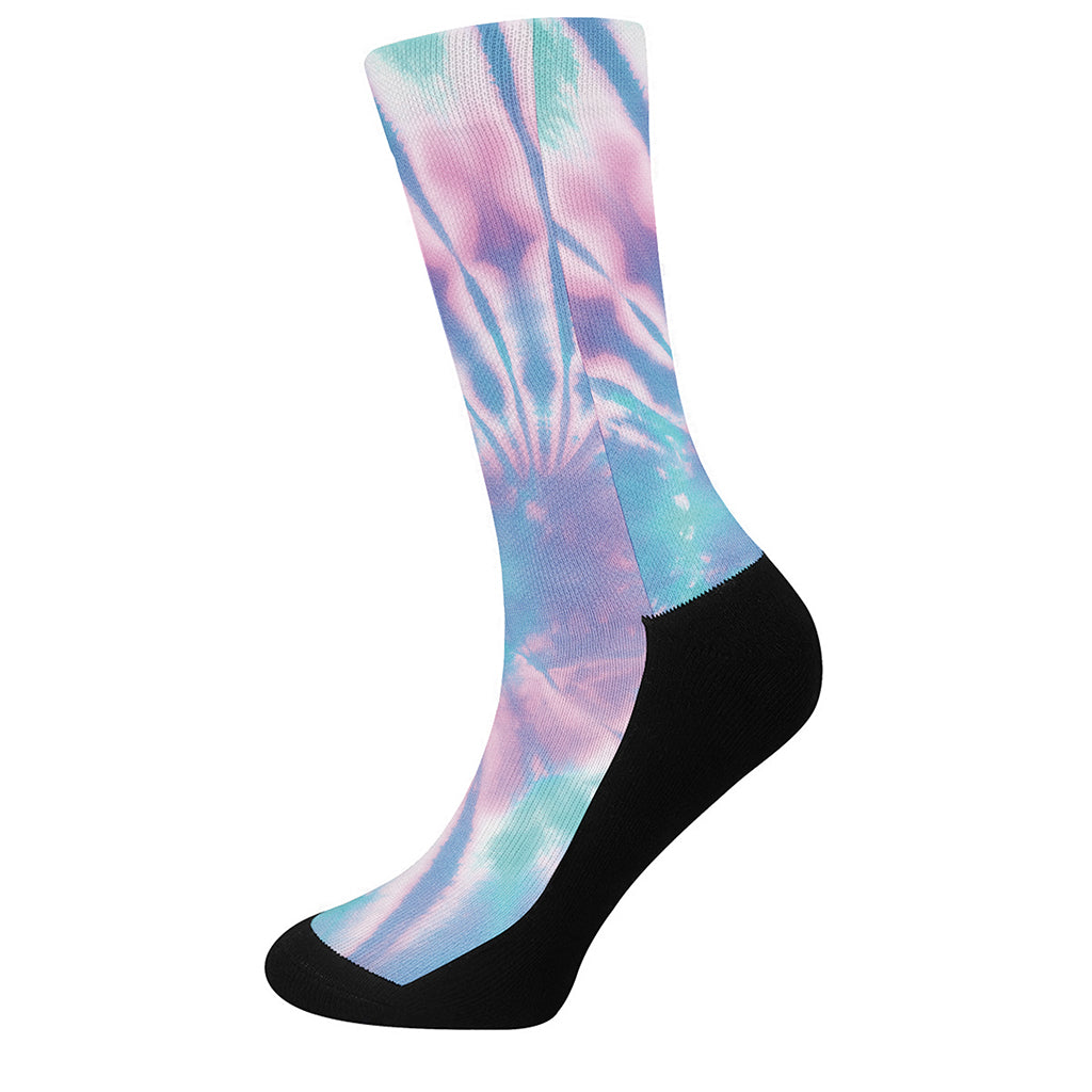 Teal And Pink Tie Dye Print Crew Socks