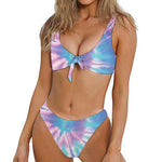Teal And Pink Tie Dye Print Front Bow Tie Bikini