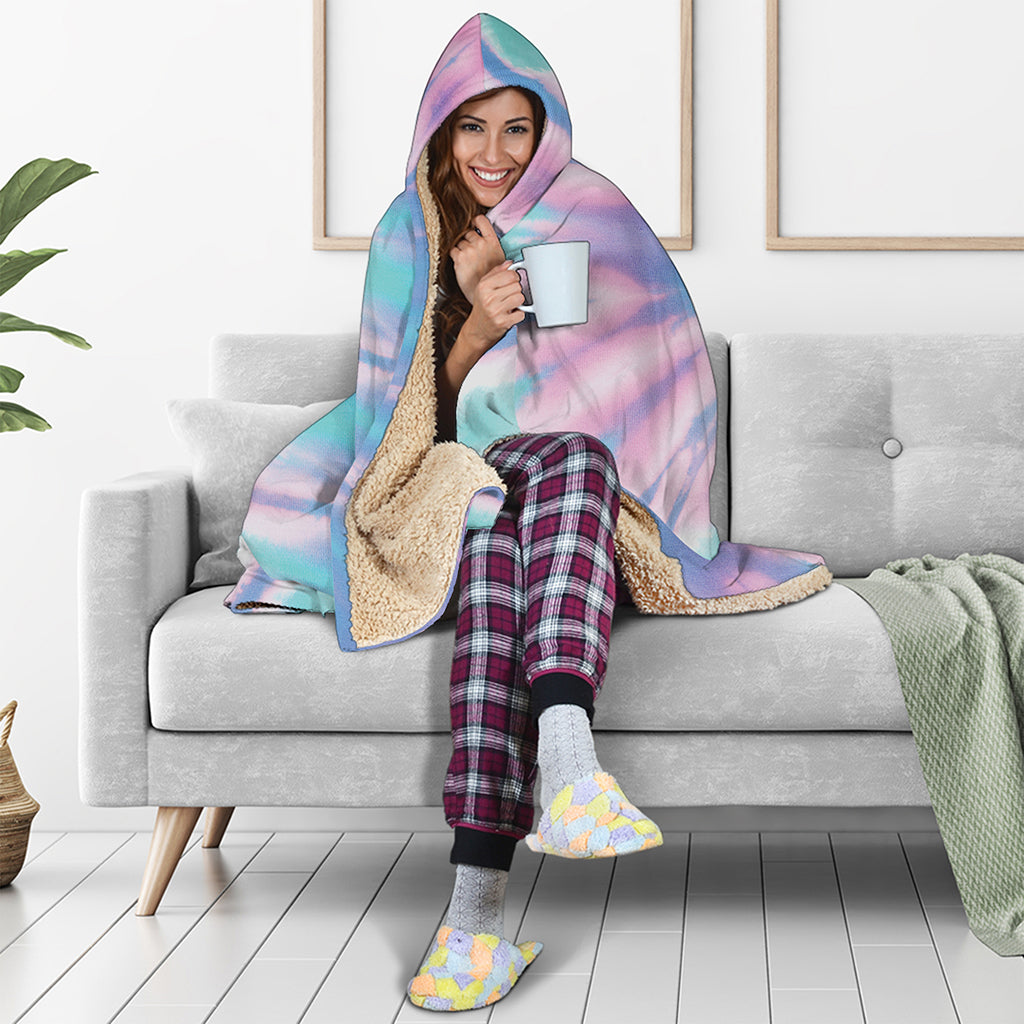 Teal And Pink Tie Dye Print Hooded Blanket