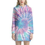 Teal And Pink Tie Dye Print Pullover Hoodie Dress
