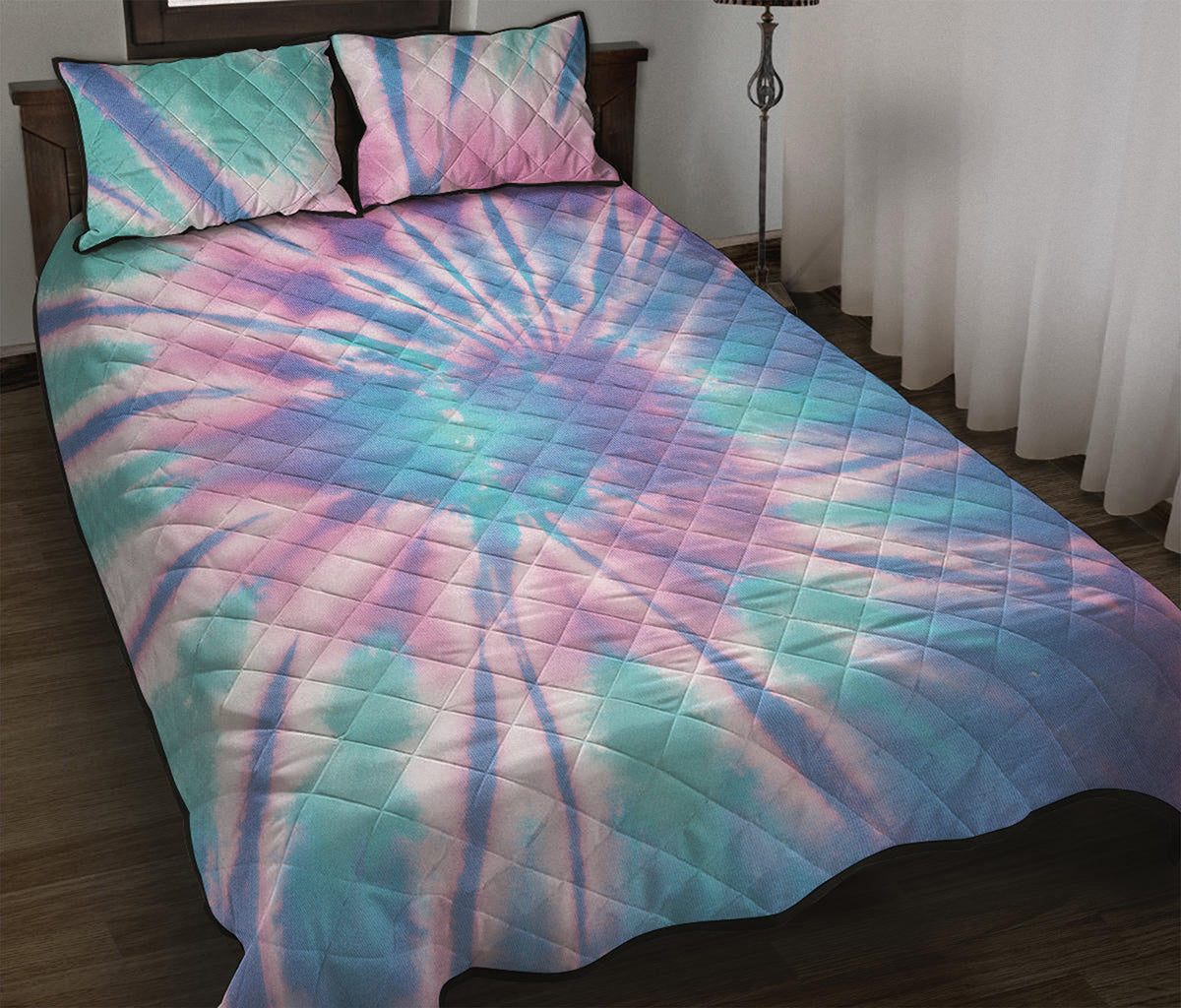 Teal And Pink Tie Dye Print Quilt Bed Set