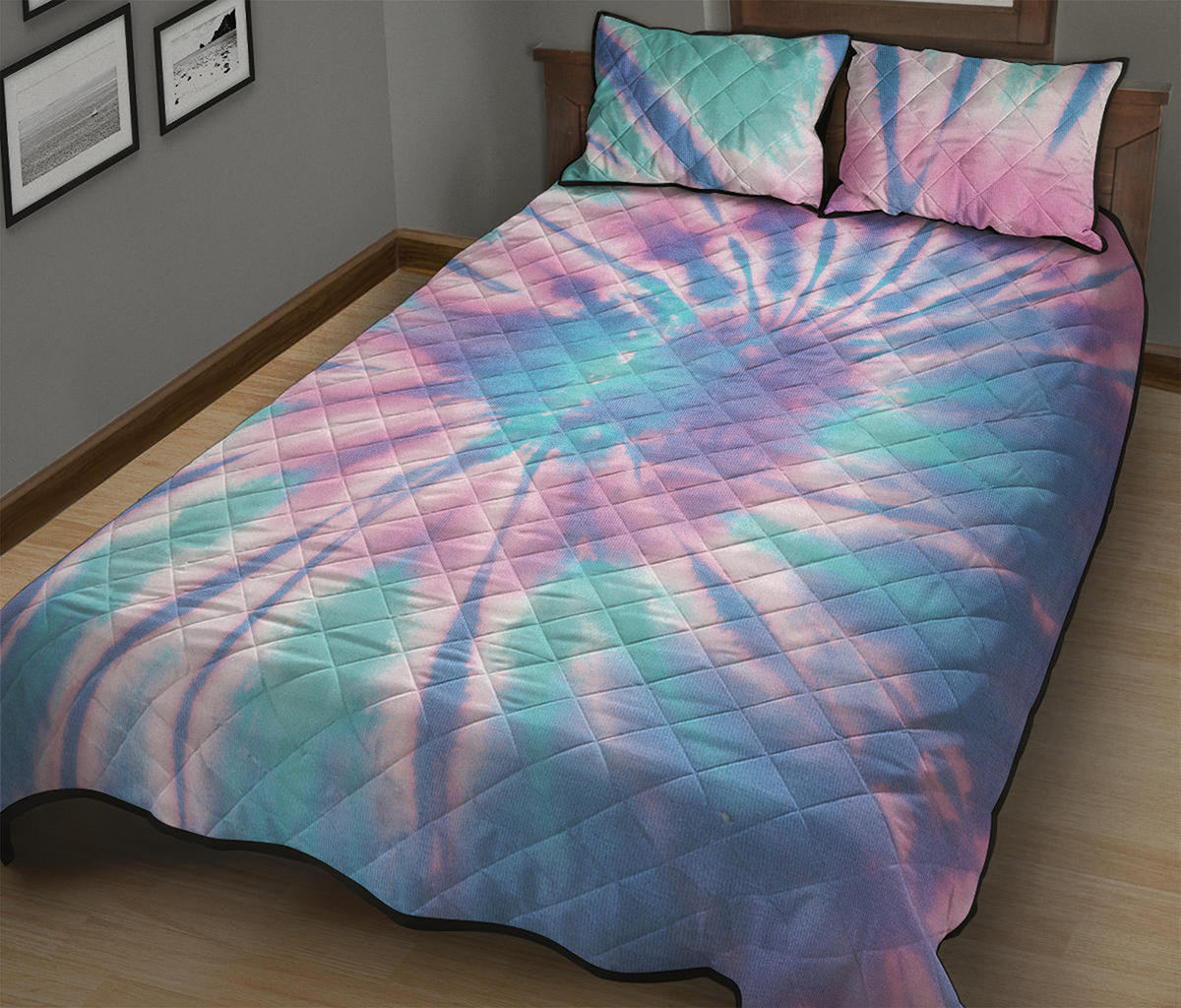 Teal And Pink Tie Dye Print Quilt Bed Set