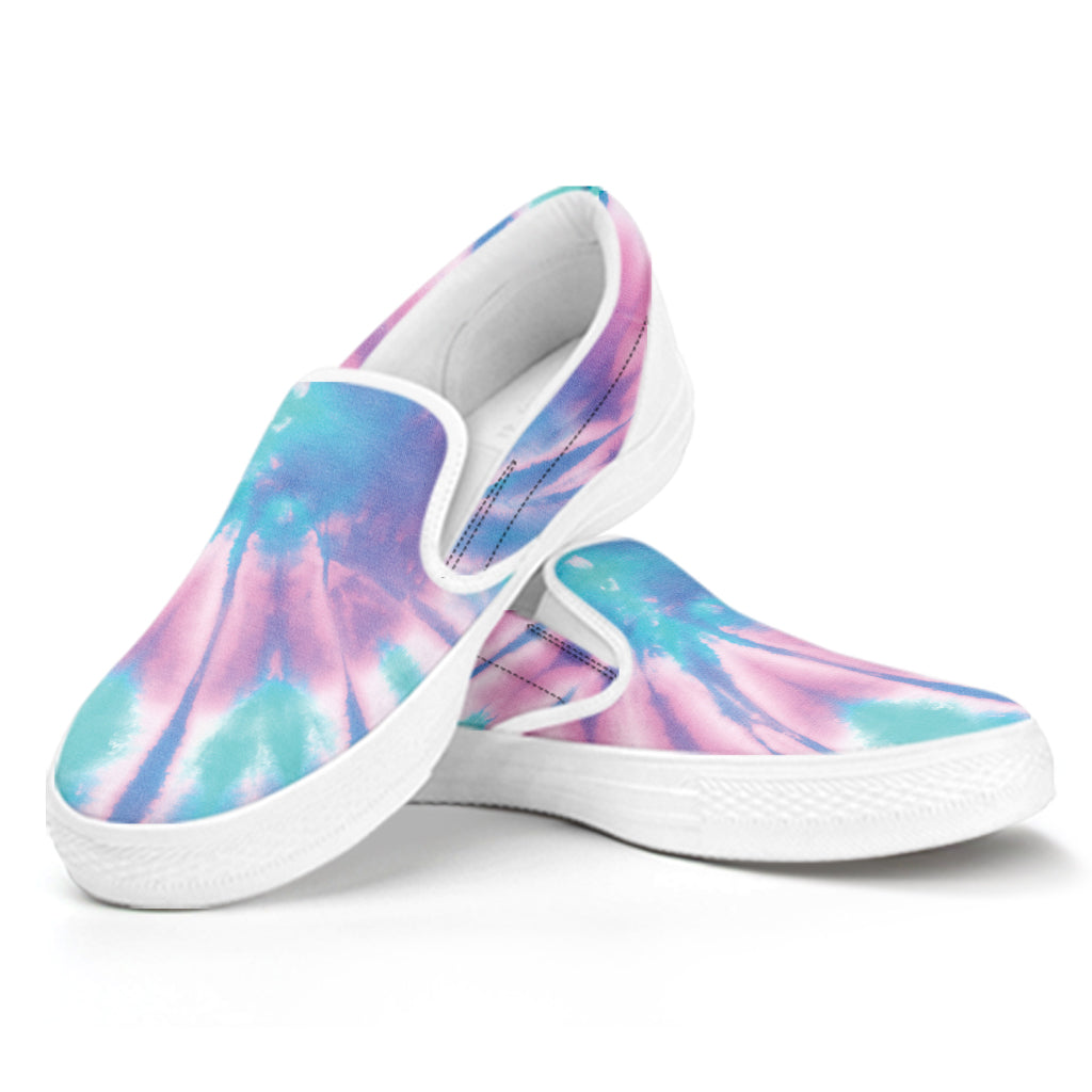 Teal And Pink Tie Dye Print White Slip On Shoes