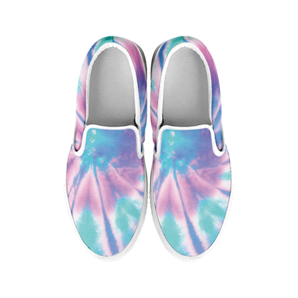 Teal And Pink Tie Dye Print White Slip On Shoes
