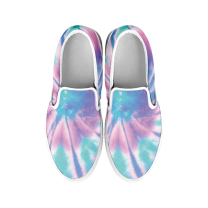 Teal And Pink Tie Dye Print White Slip On Shoes