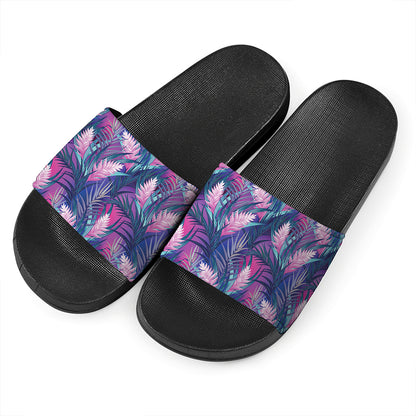 Teal And Pink Tropical Floral Print Black Slide Sandals