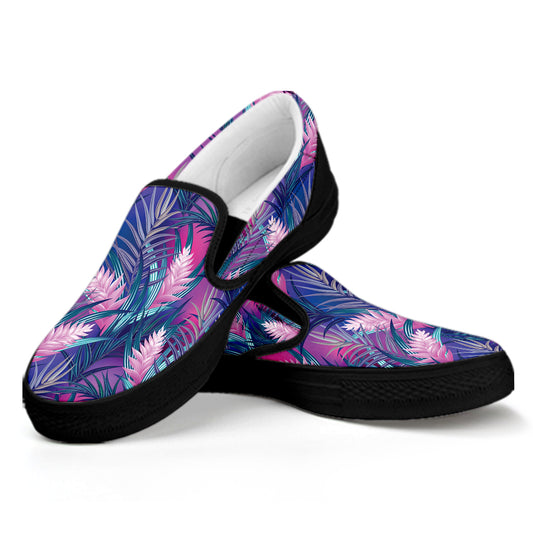 Teal And Pink Tropical Floral Print Black Slip On Shoes