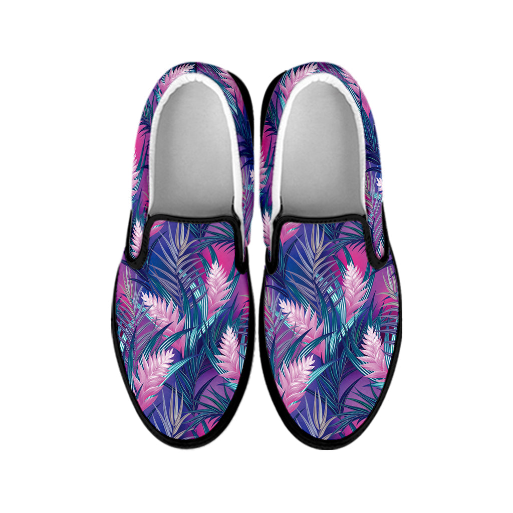 Teal And Pink Tropical Floral Print Black Slip On Shoes