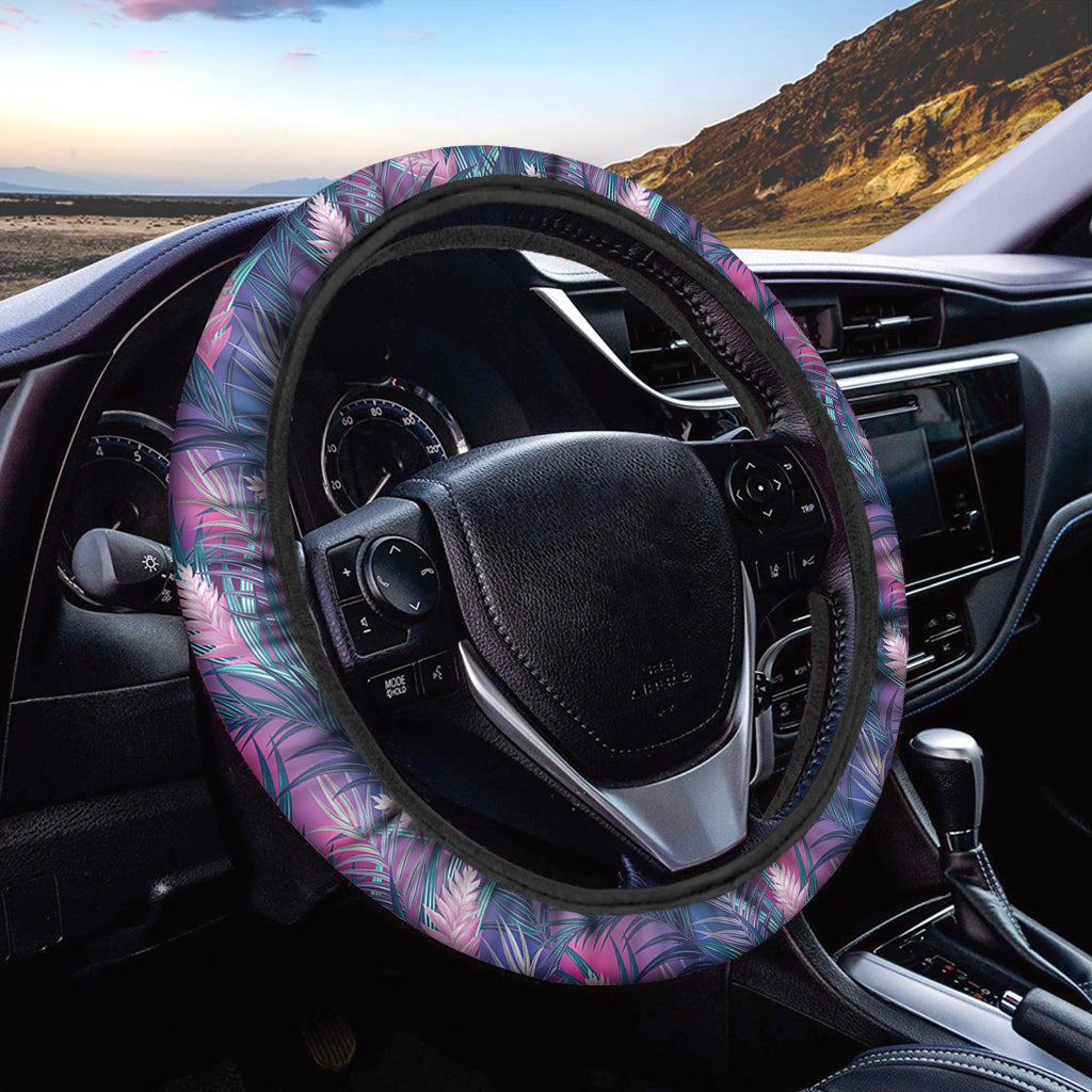 Teal And Pink Tropical Floral Print Car Steering Wheel Cover