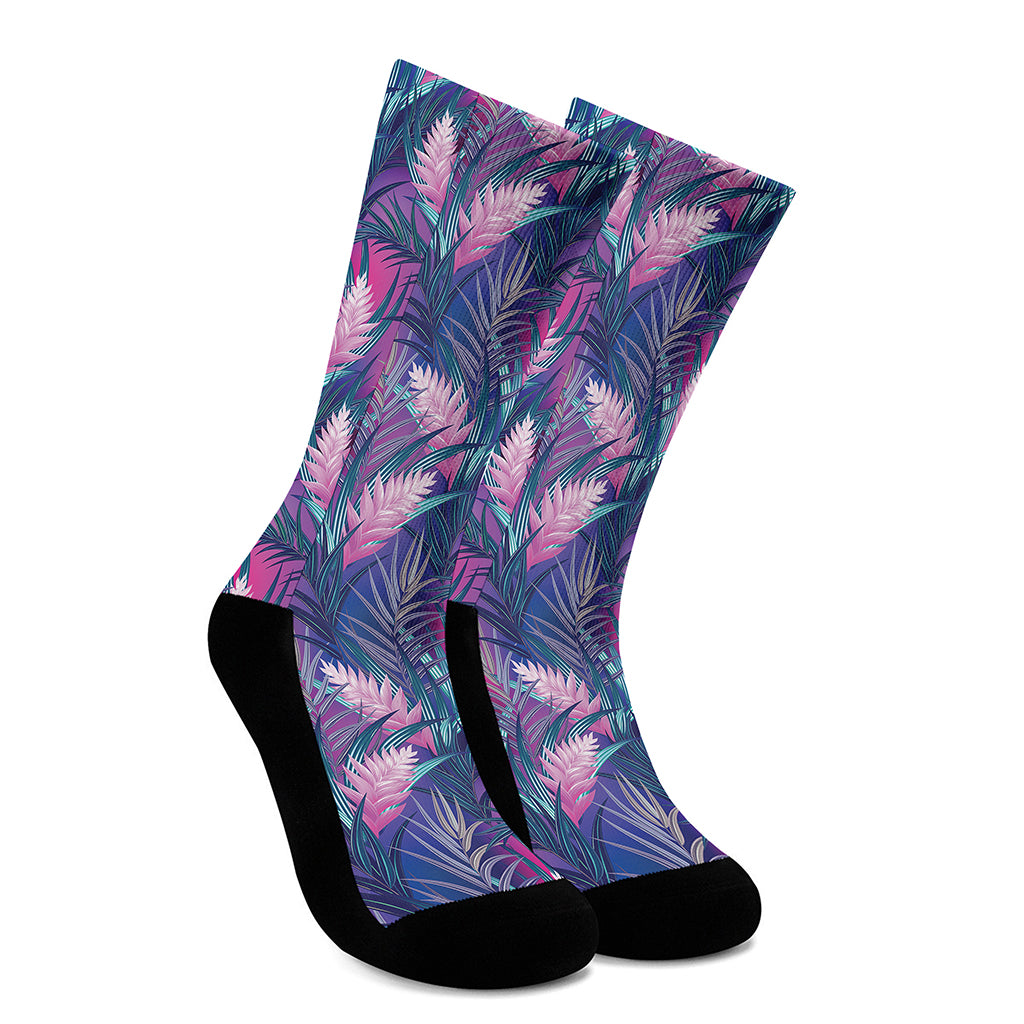 Teal And Pink Tropical Floral Print Crew Socks