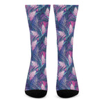 Teal And Pink Tropical Floral Print Crew Socks