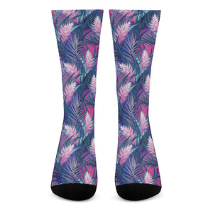 Teal And Pink Tropical Floral Print Crew Socks