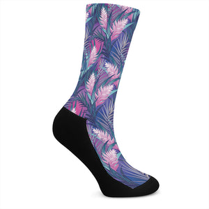 Teal And Pink Tropical Floral Print Crew Socks