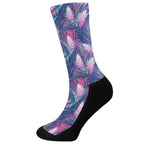 Teal And Pink Tropical Floral Print Crew Socks