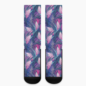 Teal And Pink Tropical Floral Print Crew Socks