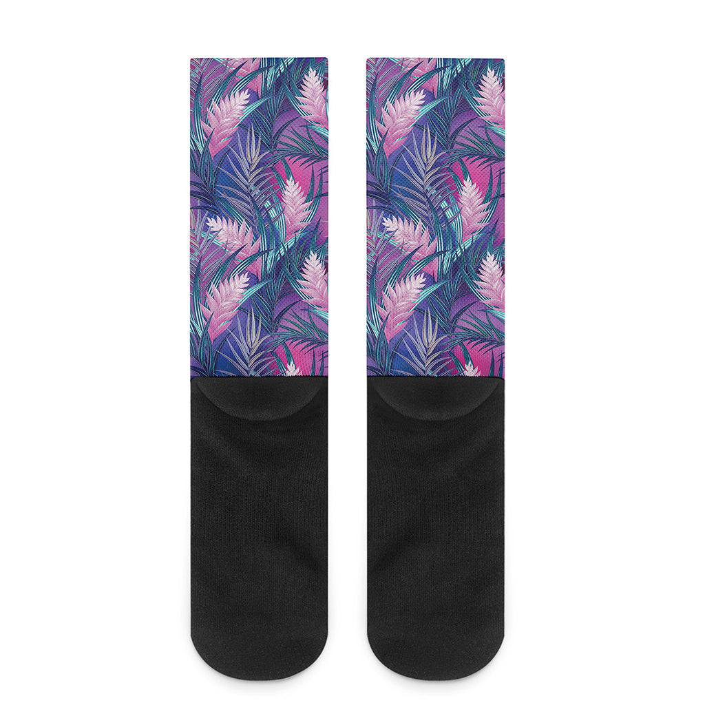 Teal And Pink Tropical Floral Print Crew Socks