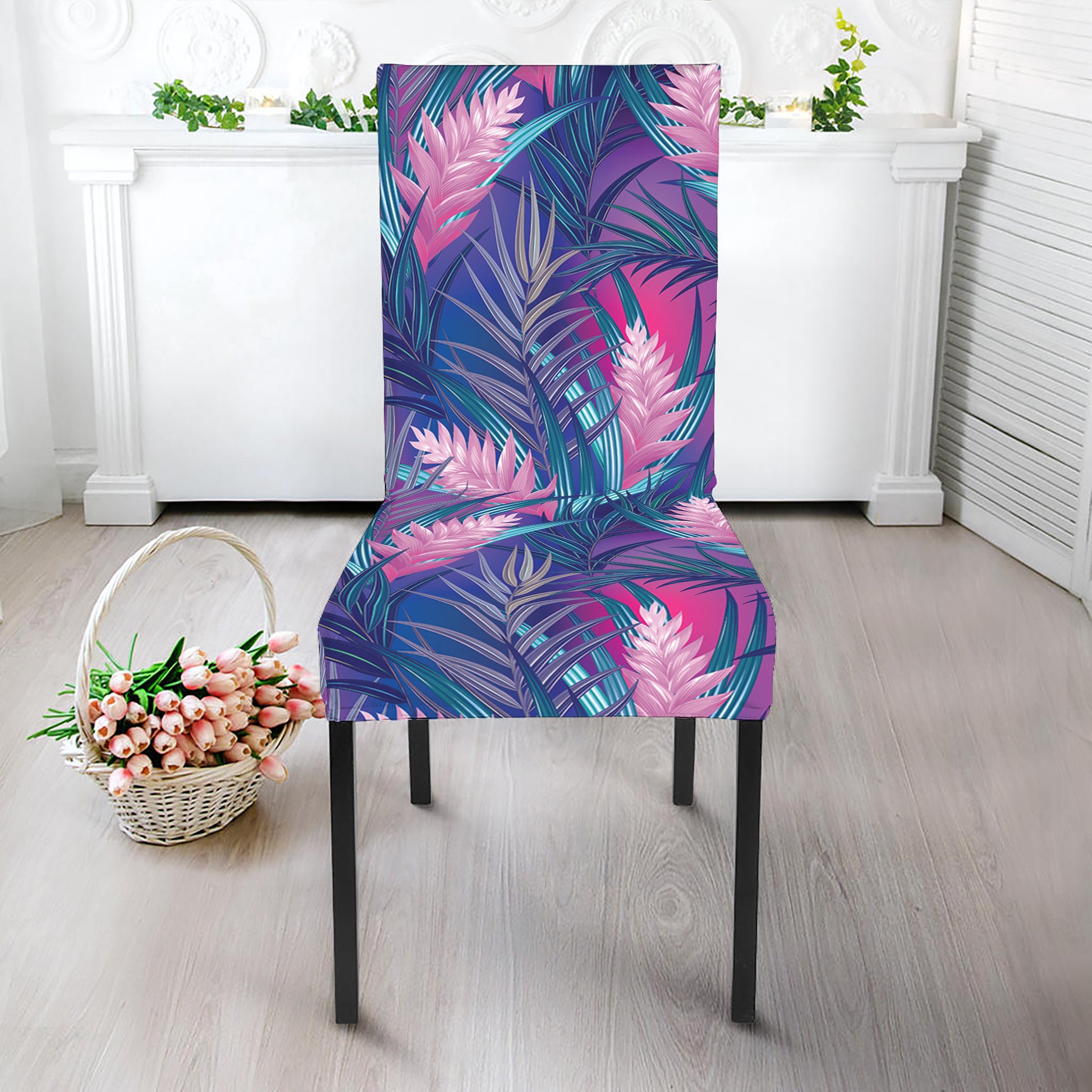 Teal And Pink Tropical Floral Print Dining Chair Slipcover