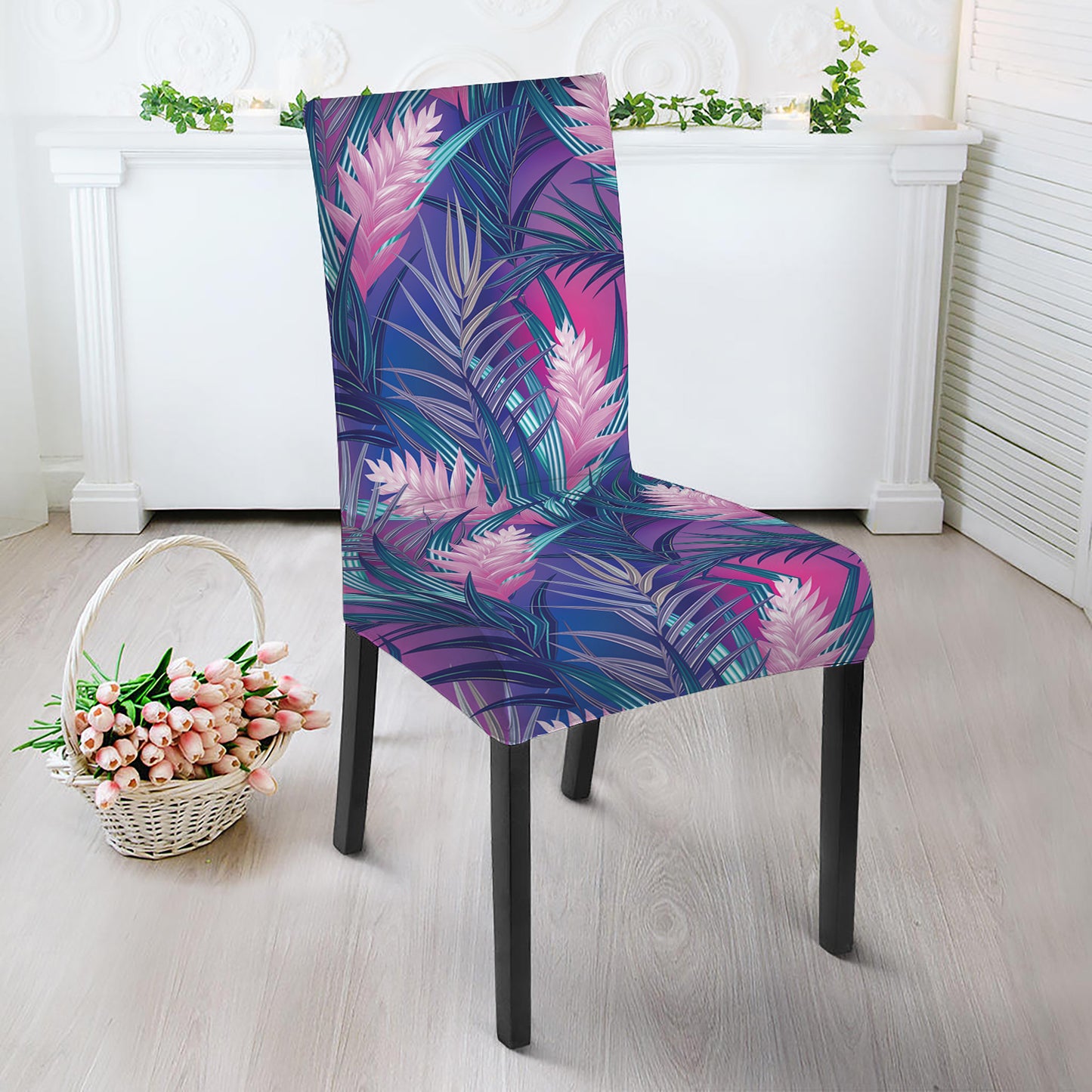 Teal And Pink Tropical Floral Print Dining Chair Slipcover