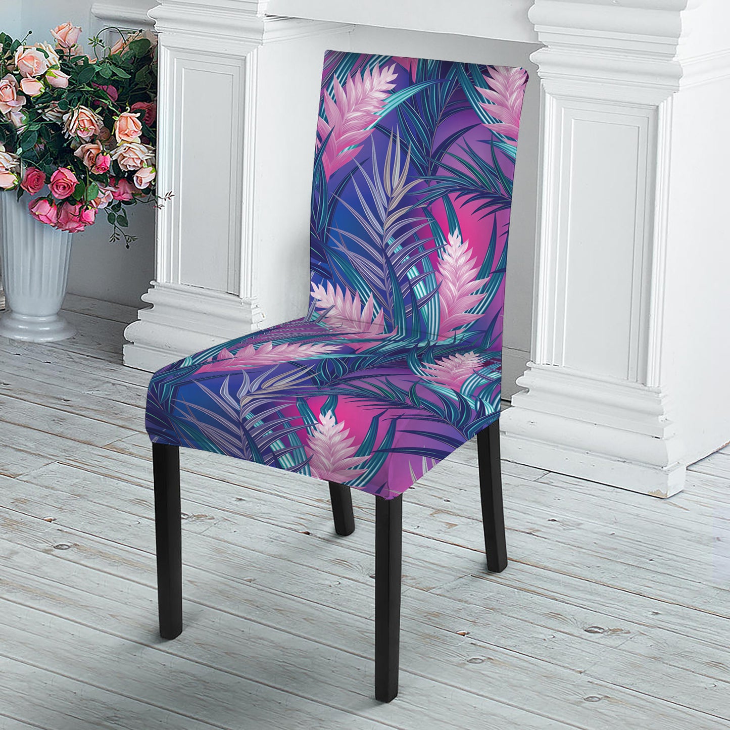 Teal And Pink Tropical Floral Print Dining Chair Slipcover