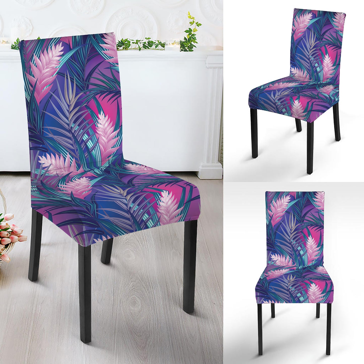 Teal And Pink Tropical Floral Print Dining Chair Slipcover