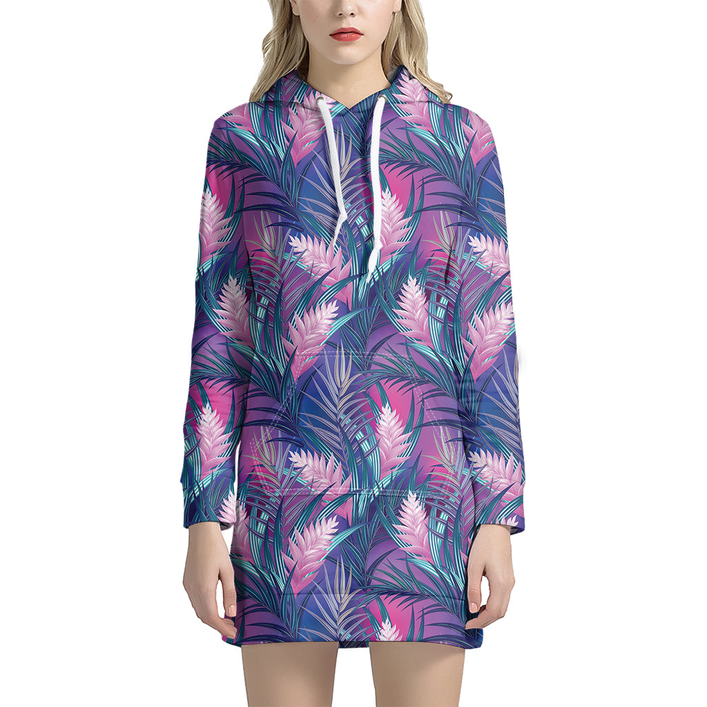 Teal And Pink Tropical Floral Print Hoodie Dress