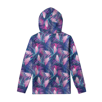 Teal And Pink Tropical Floral Print Pullover Hoodie