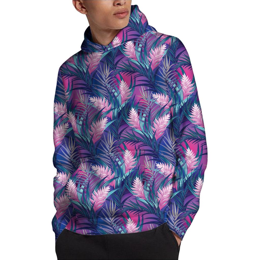 Teal And Pink Tropical Floral Print Pullover Hoodie