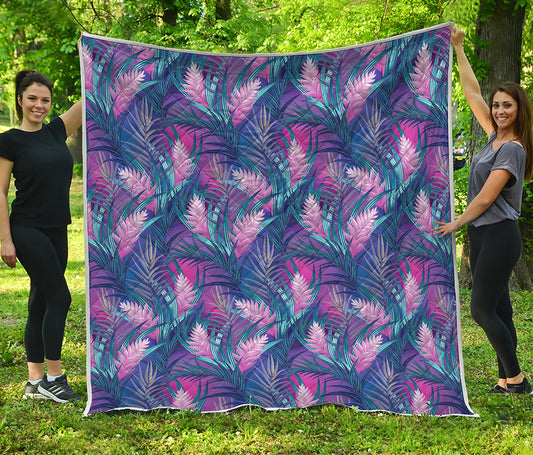 Teal And Pink Tropical Floral Print Quilt