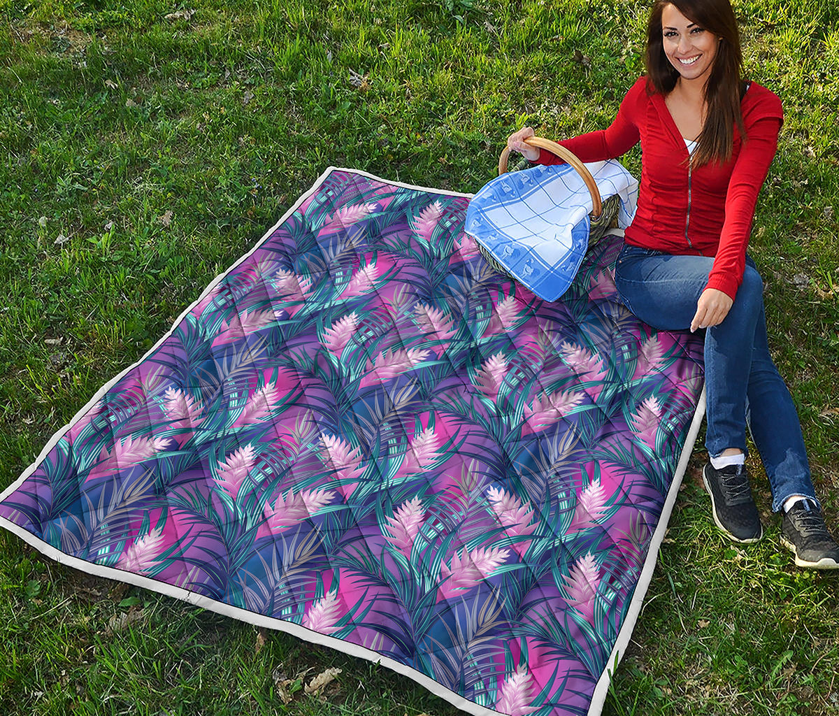 Teal And Pink Tropical Floral Print Quilt