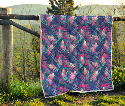 Teal And Pink Tropical Floral Print Quilt