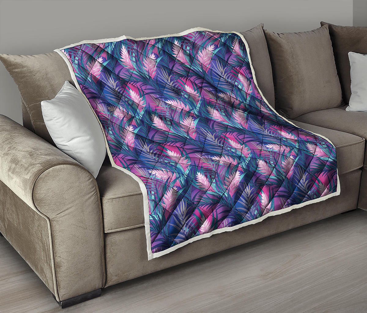 Teal And Pink Tropical Floral Print Quilt