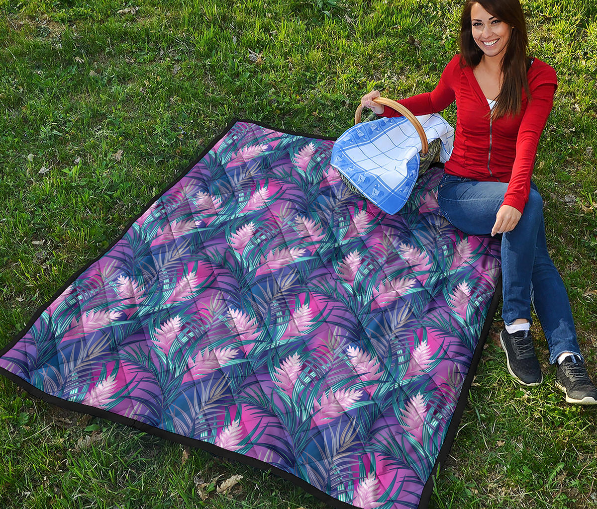 Teal And Pink Tropical Floral Print Quilt