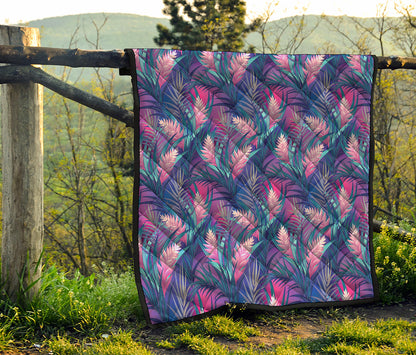 Teal And Pink Tropical Floral Print Quilt