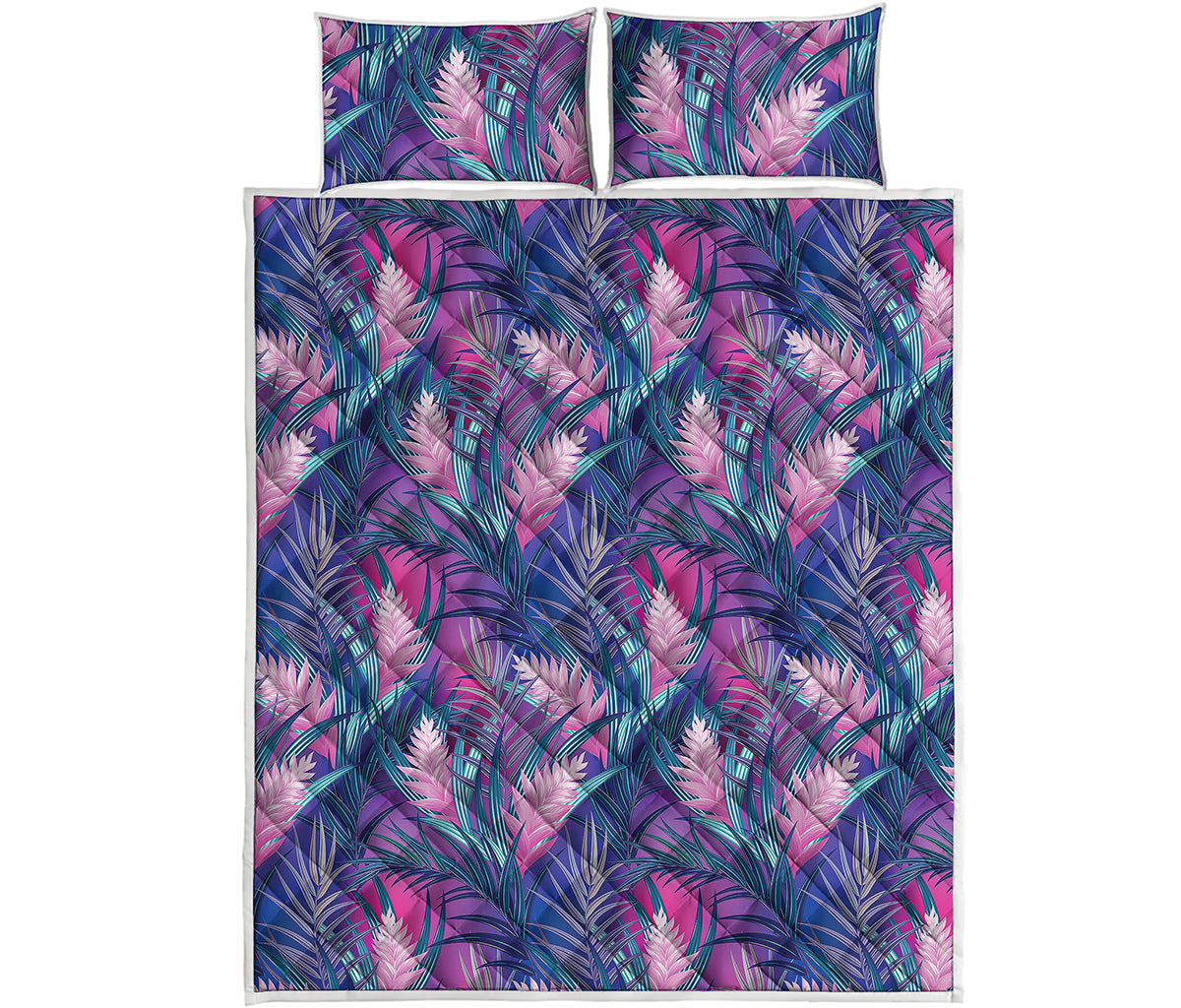 Teal And Pink Tropical Floral Print Quilt Bed Set