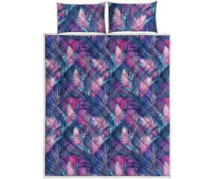 Teal And Pink Tropical Floral Print Quilt Bed Set
