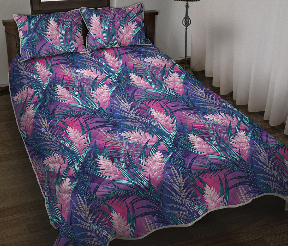 Teal And Pink Tropical Floral Print Quilt Bed Set