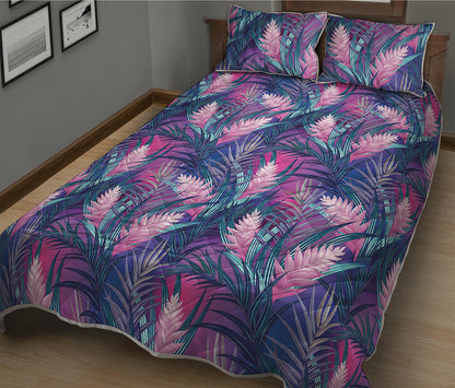 Teal And Pink Tropical Floral Print Quilt Bed Set