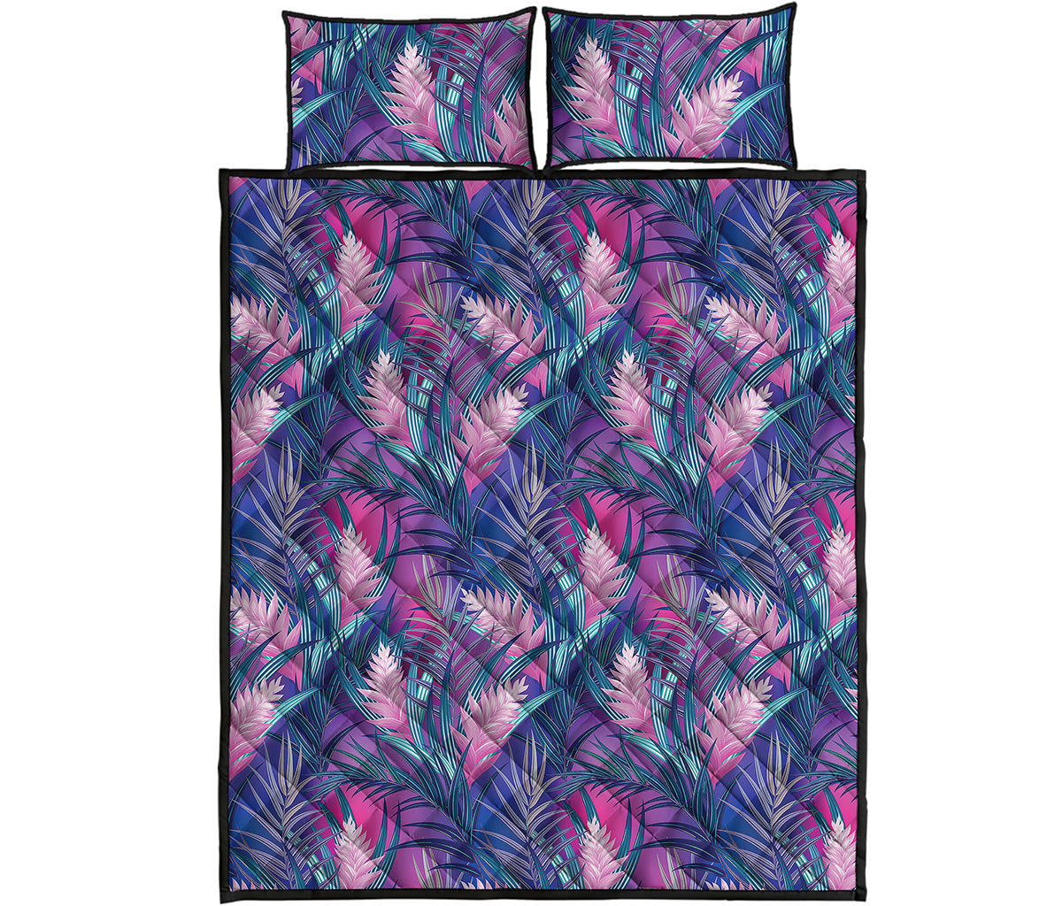 Teal And Pink Tropical Floral Print Quilt Bed Set